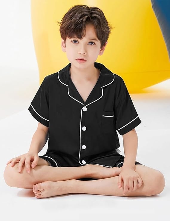 image:imageSWOMOG Unisex Kids Silk Satin Pajamas Sets Girls Boys Pjs Set ButtonDown Sleepwear Short Sleeve Nightwear 2 PieceBlack