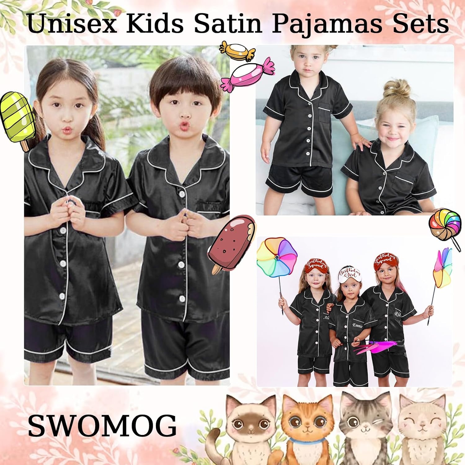 image:imageSWOMOG Unisex Kids Silk Satin Pajamas Sets Girls Boys Pjs Set ButtonDown Sleepwear Short Sleeve Nightwear 2 PieceBlack