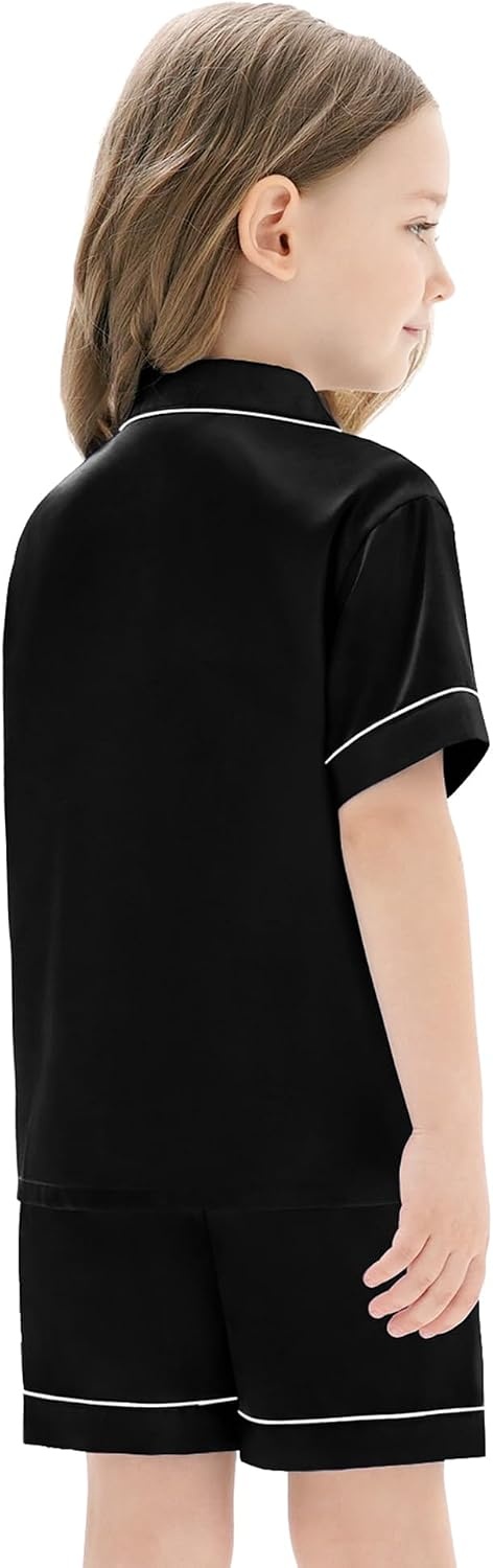 image:imageSWOMOG Unisex Kids Silk Satin Pajamas Sets Girls Boys Pjs Set ButtonDown Sleepwear Short Sleeve Nightwear 2 PieceBlack