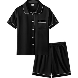 SWOMOG Unisex Kids Silk Satin Pajamas Sets Girls Boys Pjs Set Button-Down Sleepwear Short Sleeve Nightwear 2 Piece(Black)