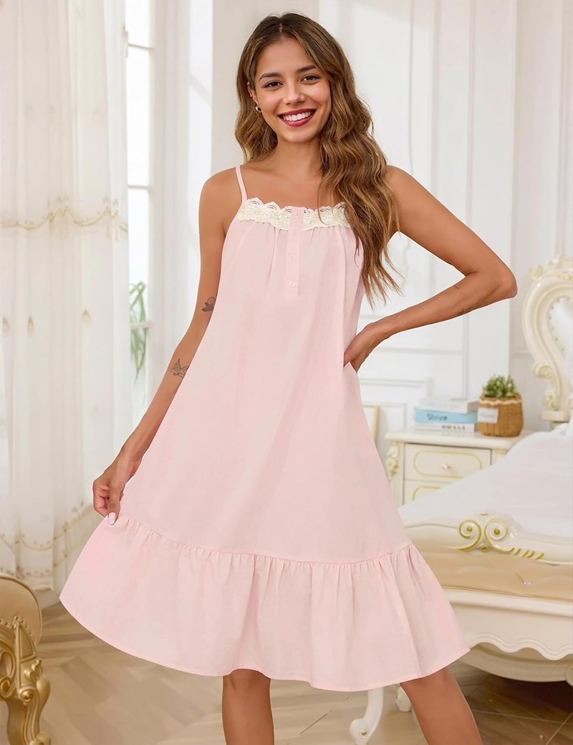 image:imageSWOMOG 100 Cotton Nightgowns for Women Lace Sleeveless Sleep Dress Victorian Sleepshirt Button Strap Night GownLight Pink