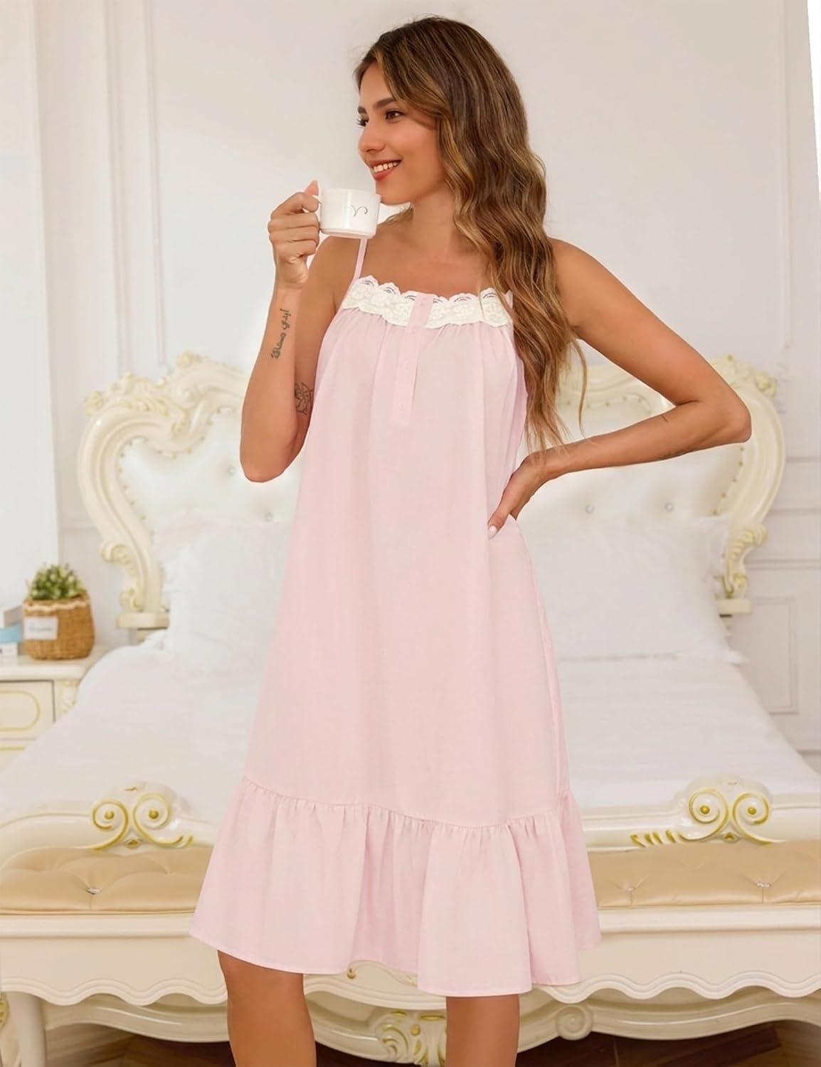 image:imageSWOMOG 100 Cotton Nightgowns for Women Lace Sleeveless Sleep Dress Victorian Sleepshirt Button Strap Night GownLight Pink