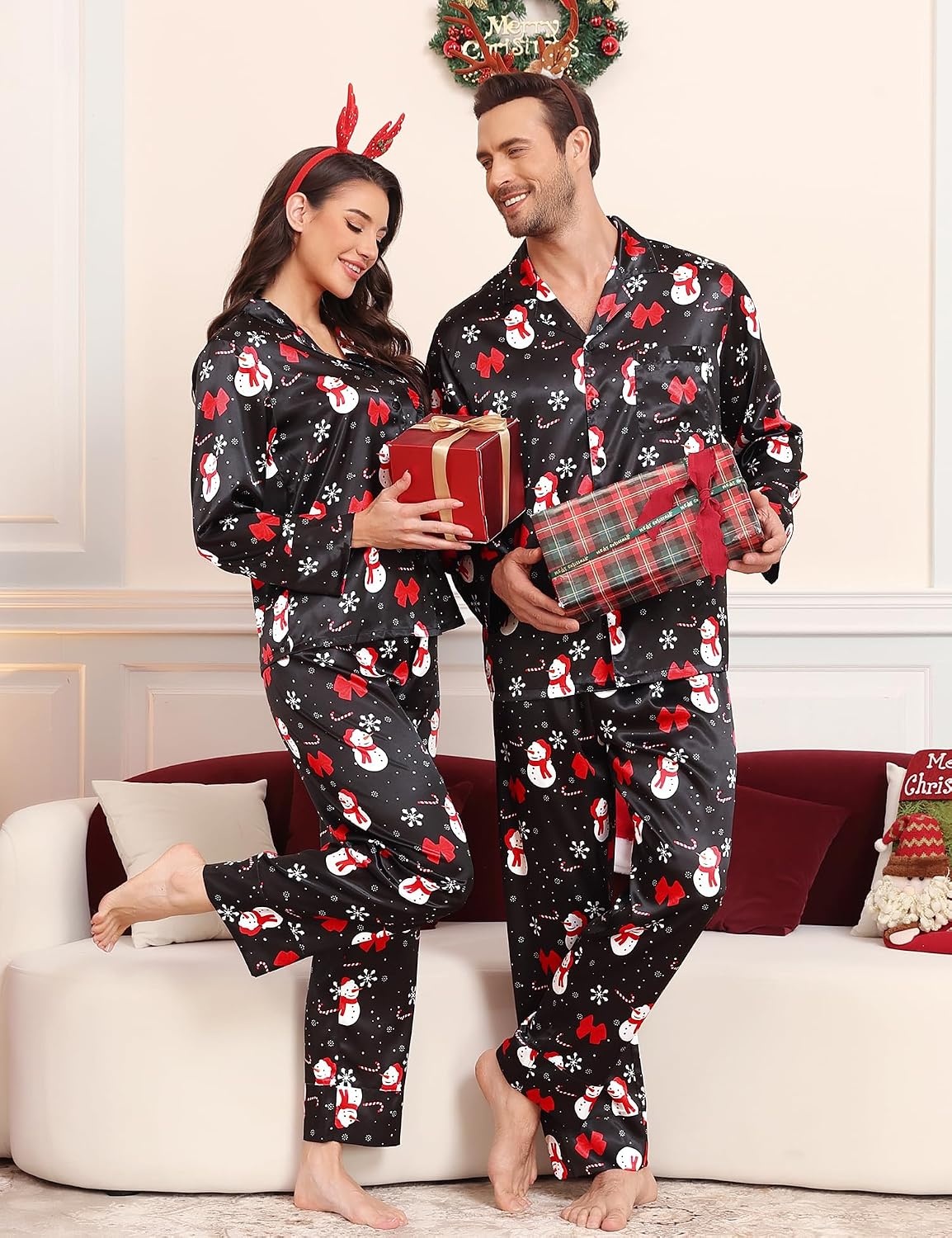 image:imageSWOMOG Family Satin Pajama Set Long Sleeve Sleepwear Button Down Loungewear Silky Pj Set with Long PantsChristmas Snowman