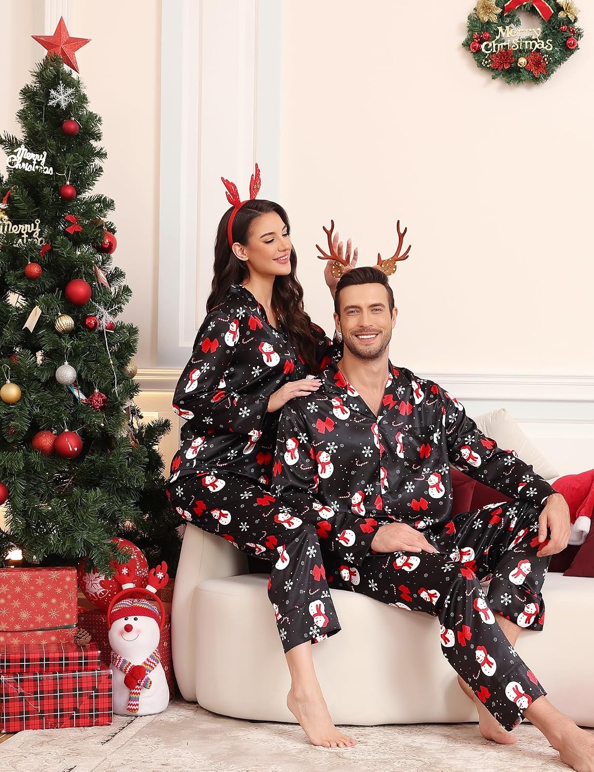 image:imageSWOMOG Family Satin Pajama Set Long Sleeve Sleepwear Button Down Loungewear Silky Pj Set with Long PantsChristmas Snowman