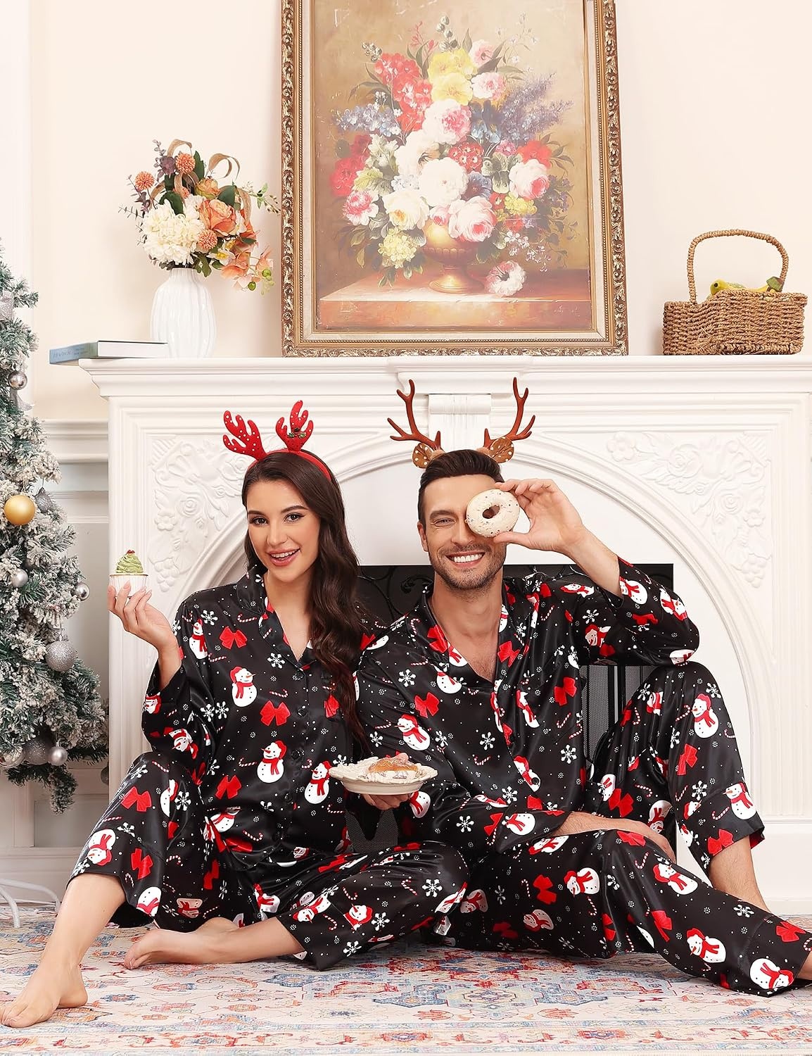 image:imageSWOMOG Family Satin Pajama Set Long Sleeve Sleepwear Button Down Loungewear Silky Pj Set with Long PantsChristmas Snowman