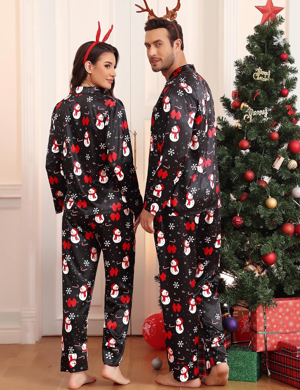 image:imageSWOMOG Family Satin Pajama Set Long Sleeve Sleepwear Button Down Loungewear Silky Pj Set with Long PantsChristmas Snowman