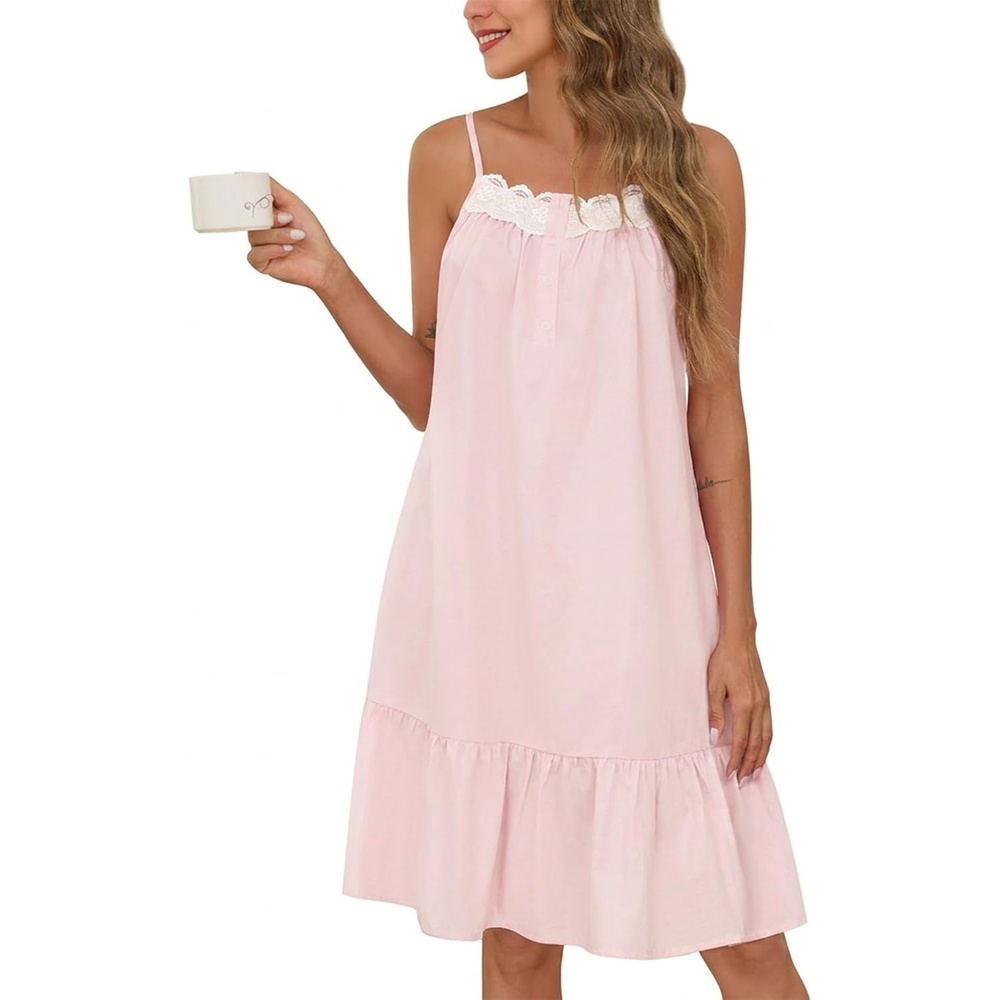image:imageSWOMOG 100 Cotton Nightgowns for Women Lace Sleeveless Sleep Dress Victorian Sleepshirt Button Strap Night GownLight Pink