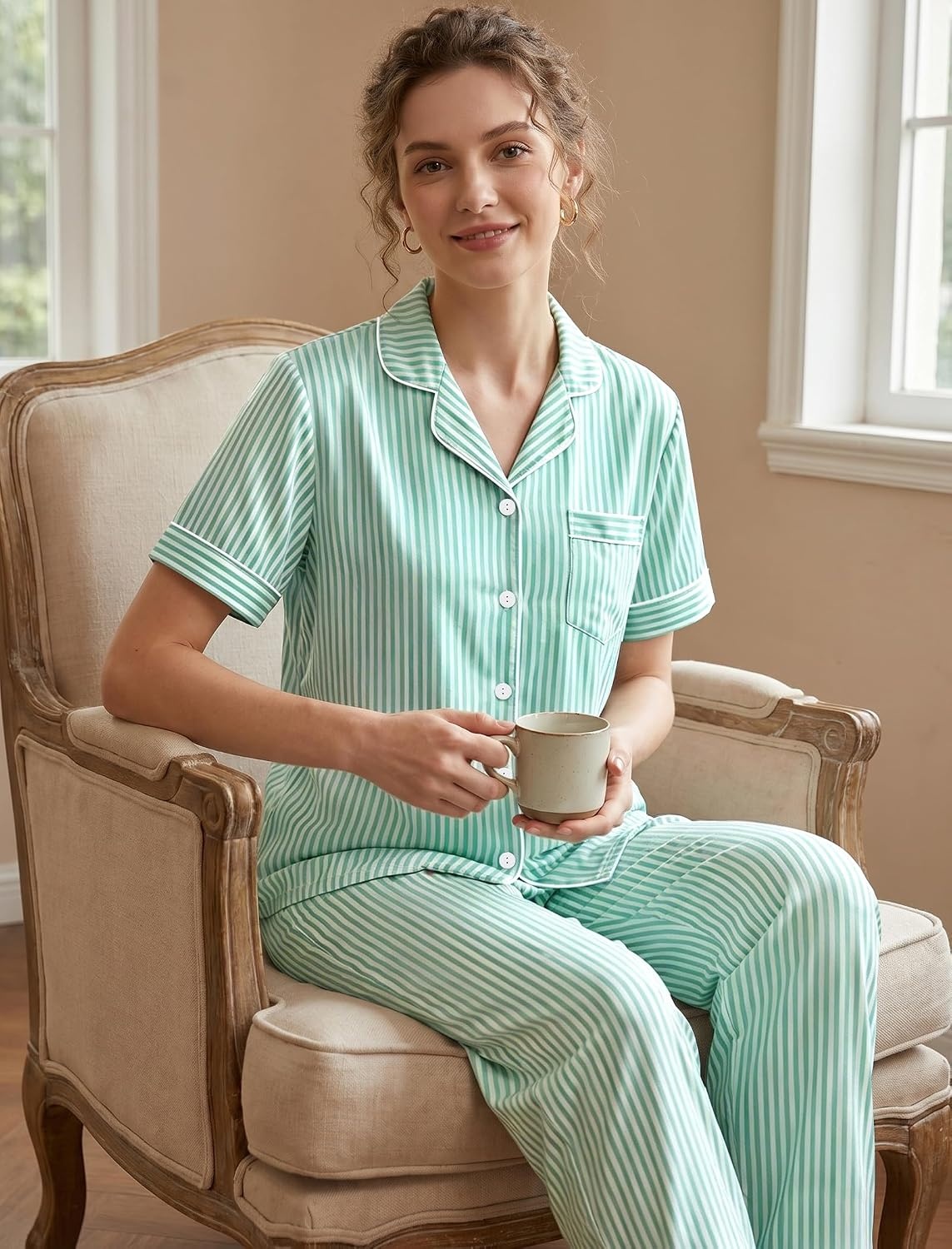 image:imageSWOMOG 100 Cotton Pajamas for Women Set 2PCS ButtonDown Lounge Pjs Short Sleeve Tops and LongPants with PocketSage Greenwhite Stripes