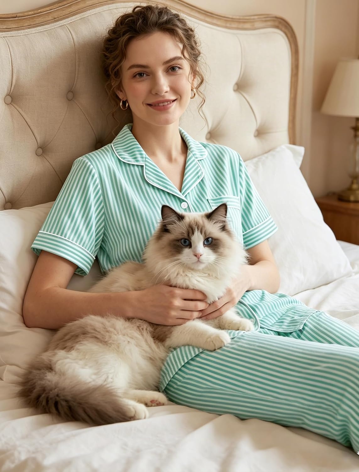 image:imageSWOMOG 100 Cotton Pajamas for Women Set 2PCS ButtonDown Lounge Pjs Short Sleeve Tops and LongPants with PocketSage Greenwhite Stripes