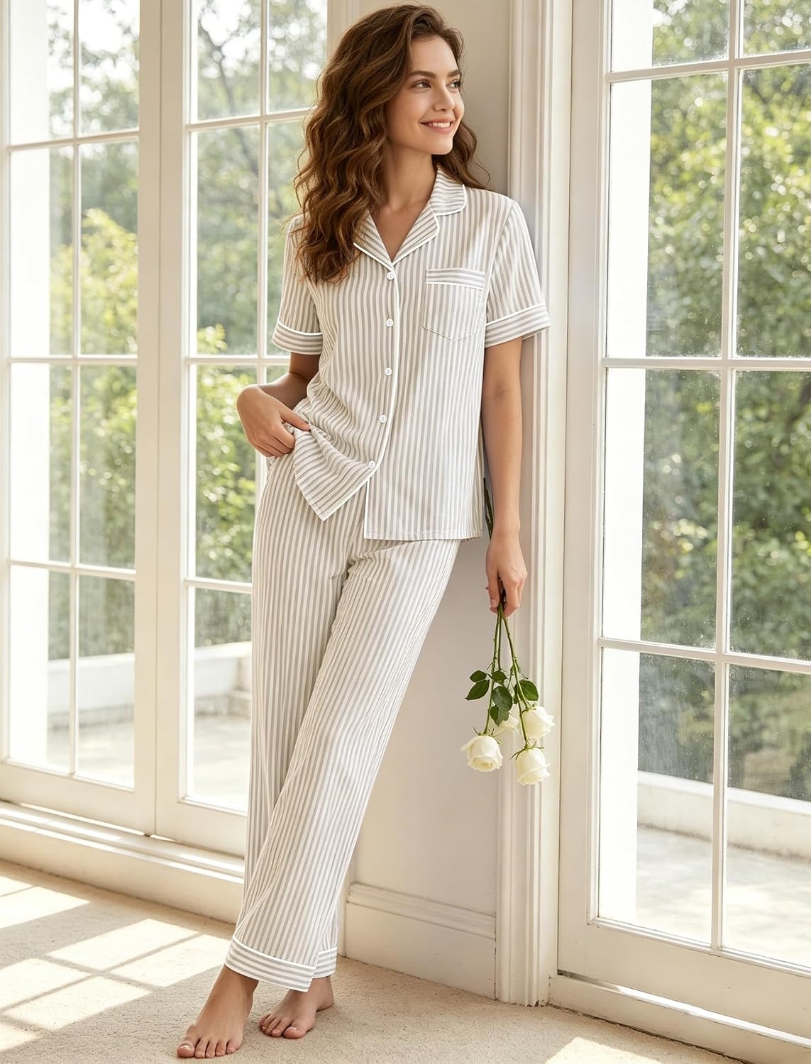 image:imageSWOMOG 100 Cotton Pajamas for Women Set 2PCS ButtonDown Lounge Pjs Short Sleeve Tops and LongPants with PocketSoft Brownwhite Stripes
