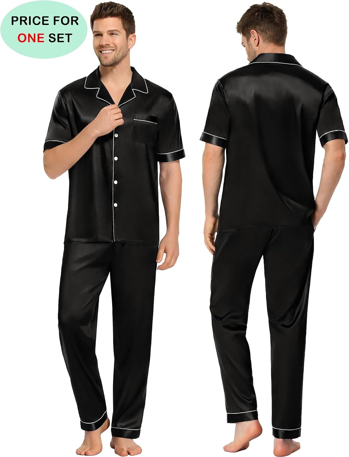 image:imageSWOMOG Couples Pajamas Sets Women amp Men Satin Short Sleeve Sleepwear Button Down Loungewear Pjs Sets with Long PantsBlack