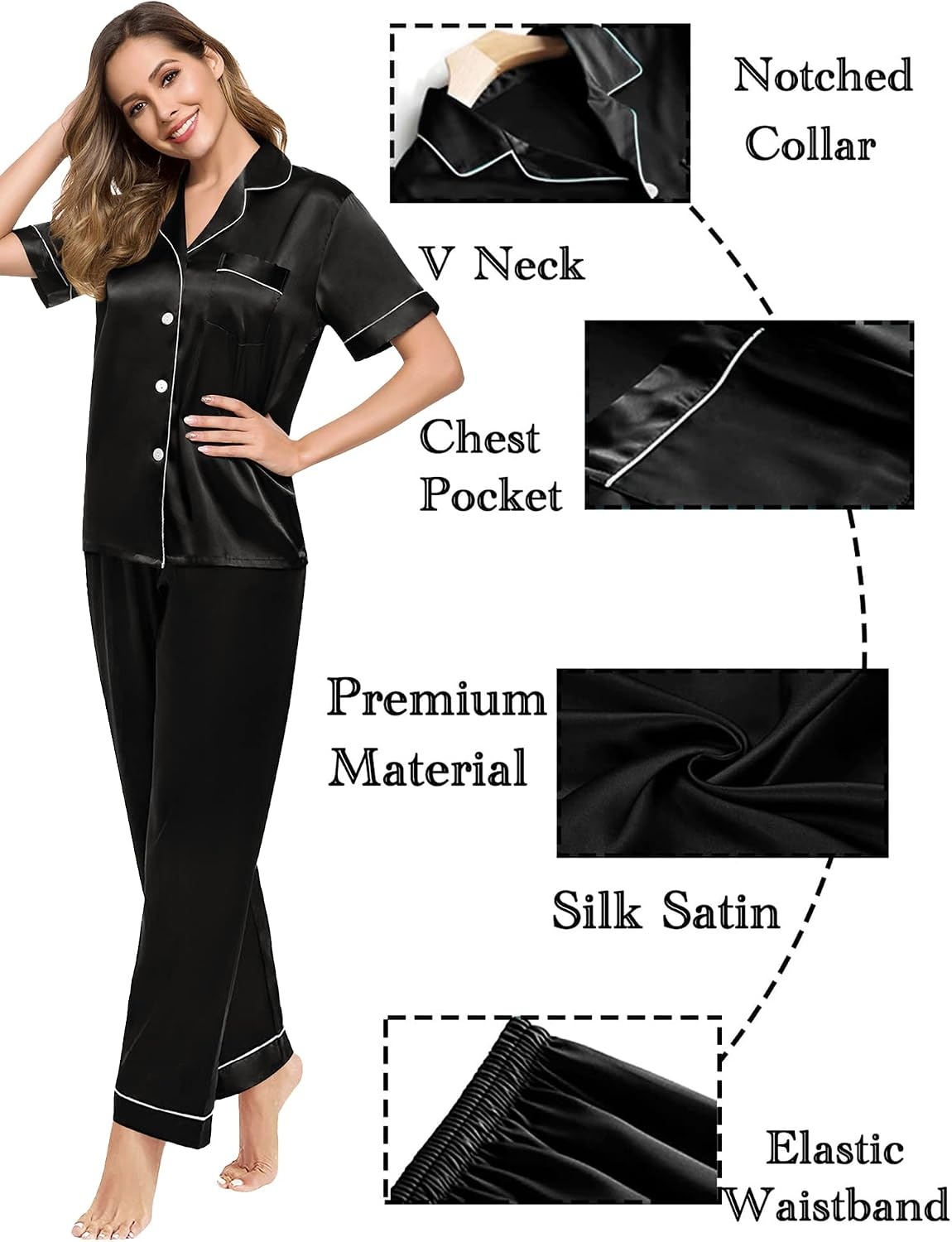 image:imageSWOMOG Couples Pajamas Sets Women amp Men Satin Short Sleeve Sleepwear Button Down Loungewear Pjs Sets with Long PantsBlack