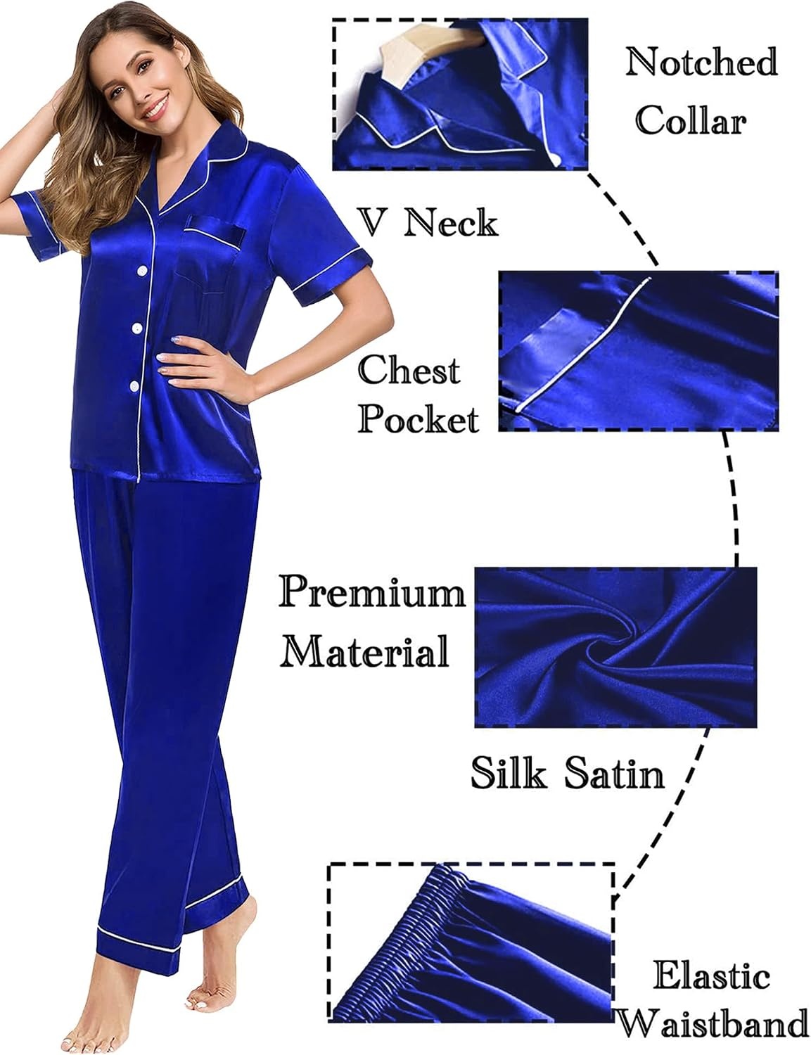 image:imageSWOMOG Couples Pajamas Sets Women amp Men Satin Short Sleeve Sleepwear Button Down Loungewear Pjs Sets with Long PantsBlue
