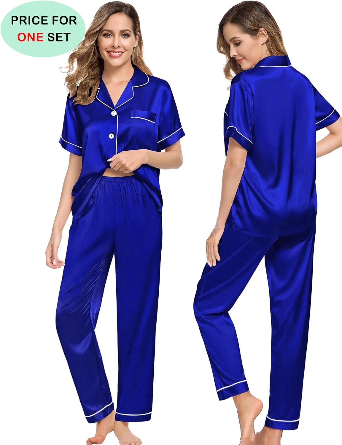 image:imageSWOMOG Couples Pajamas Sets Women amp Men Satin Short Sleeve Sleepwear Button Down Loungewear Pjs Sets with Long PantsBlue
