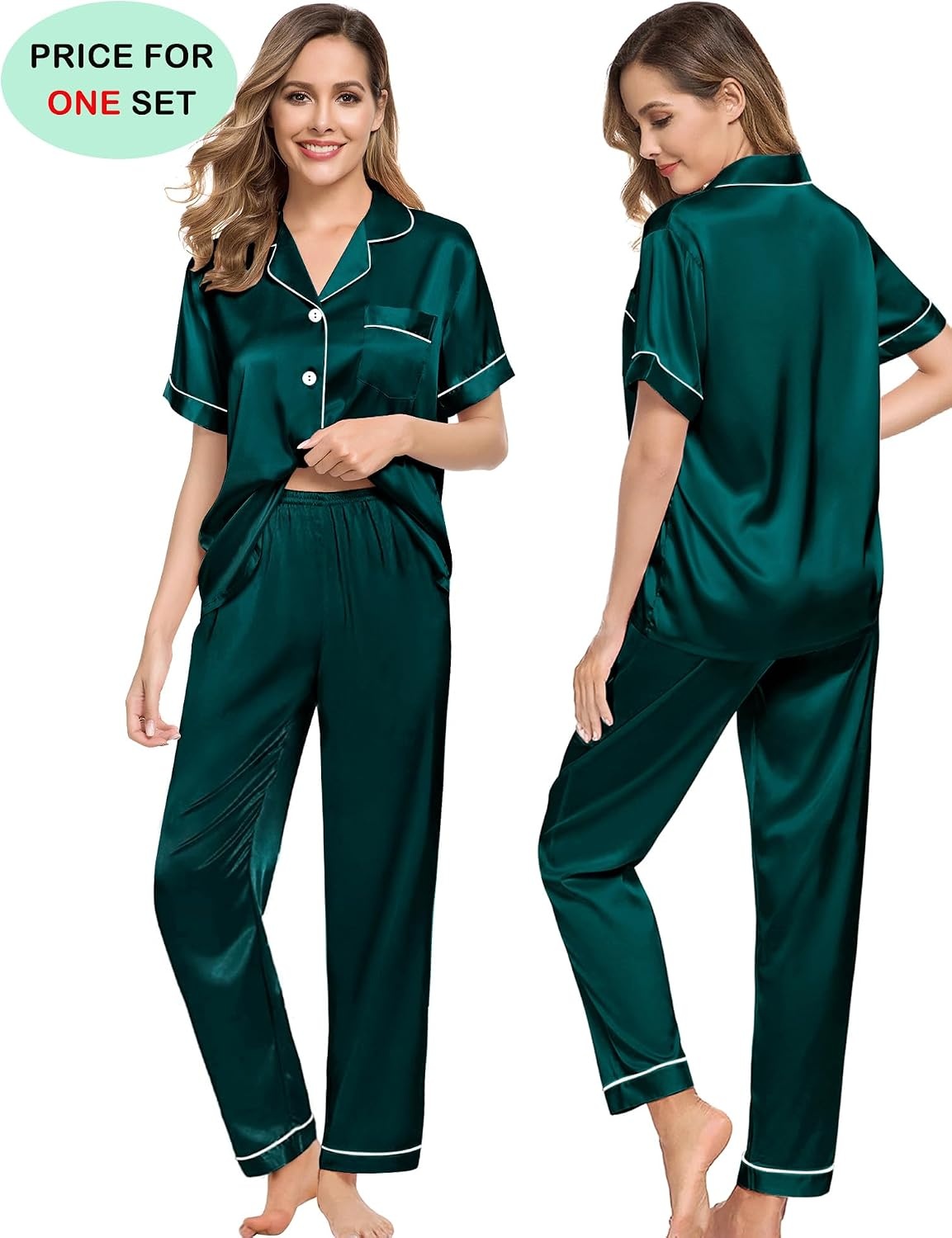 image:imageSWOMOG Couples Pajamas Sets Women amp Men Satin Short Sleeve Sleepwear Button Down Loungewear Pjs Sets with Long PantsDeep Green