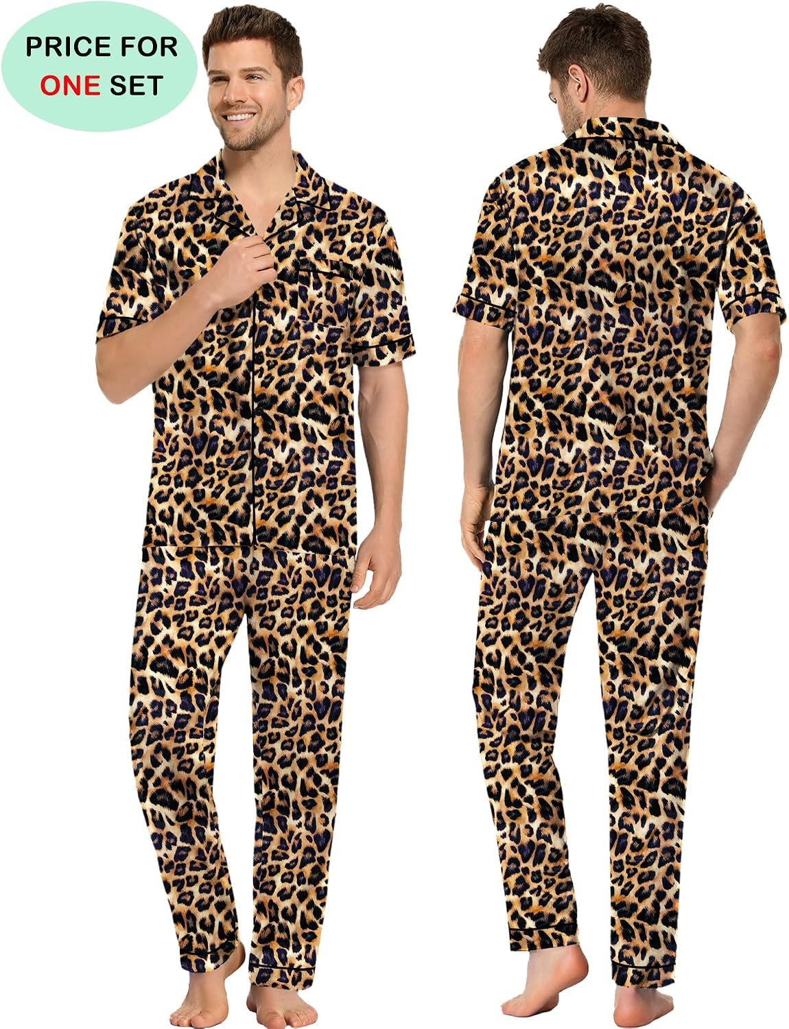 image:imageSWOMOG Couples Pajamas Sets Women amp Men Satin Short Sleeve Sleepwear Button Down Loungewear Pjs Sets with Long PantsLeopard Print
