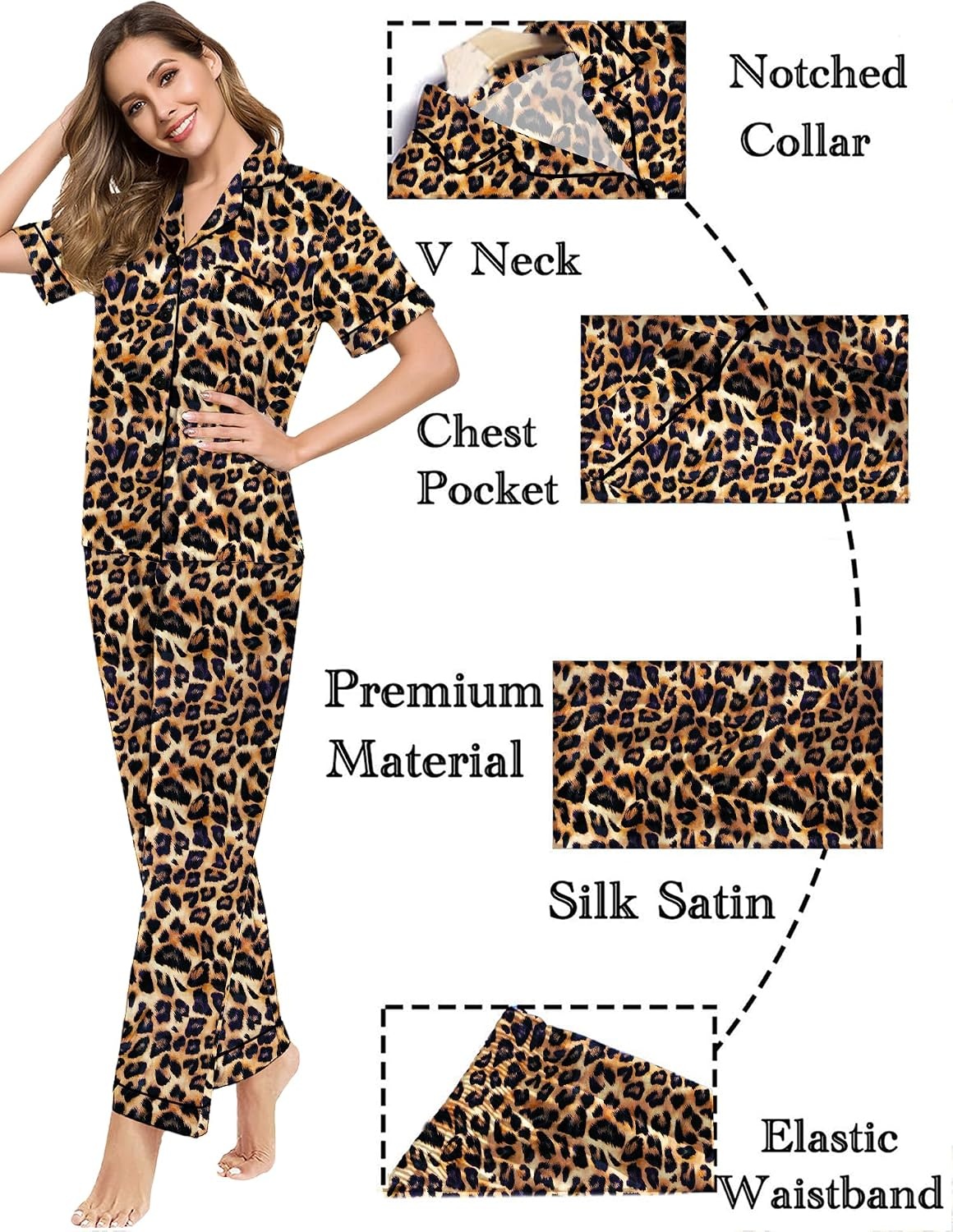 image:imageSWOMOG Couples Pajamas Sets Women amp Men Satin Short Sleeve Sleepwear Button Down Loungewear Pjs Sets with Long PantsLeopard Print