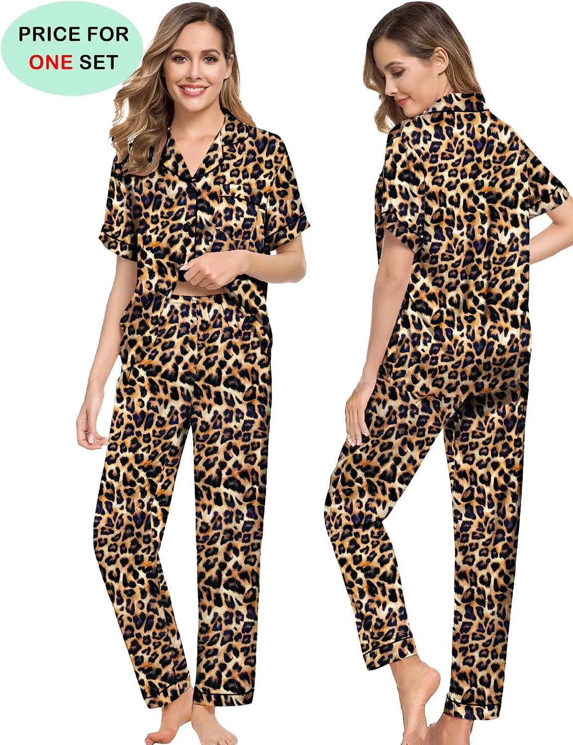 image:imageSWOMOG Couples Pajamas Sets Women amp Men Satin Short Sleeve Sleepwear Button Down Loungewear Pjs Sets with Long PantsLeopard Print