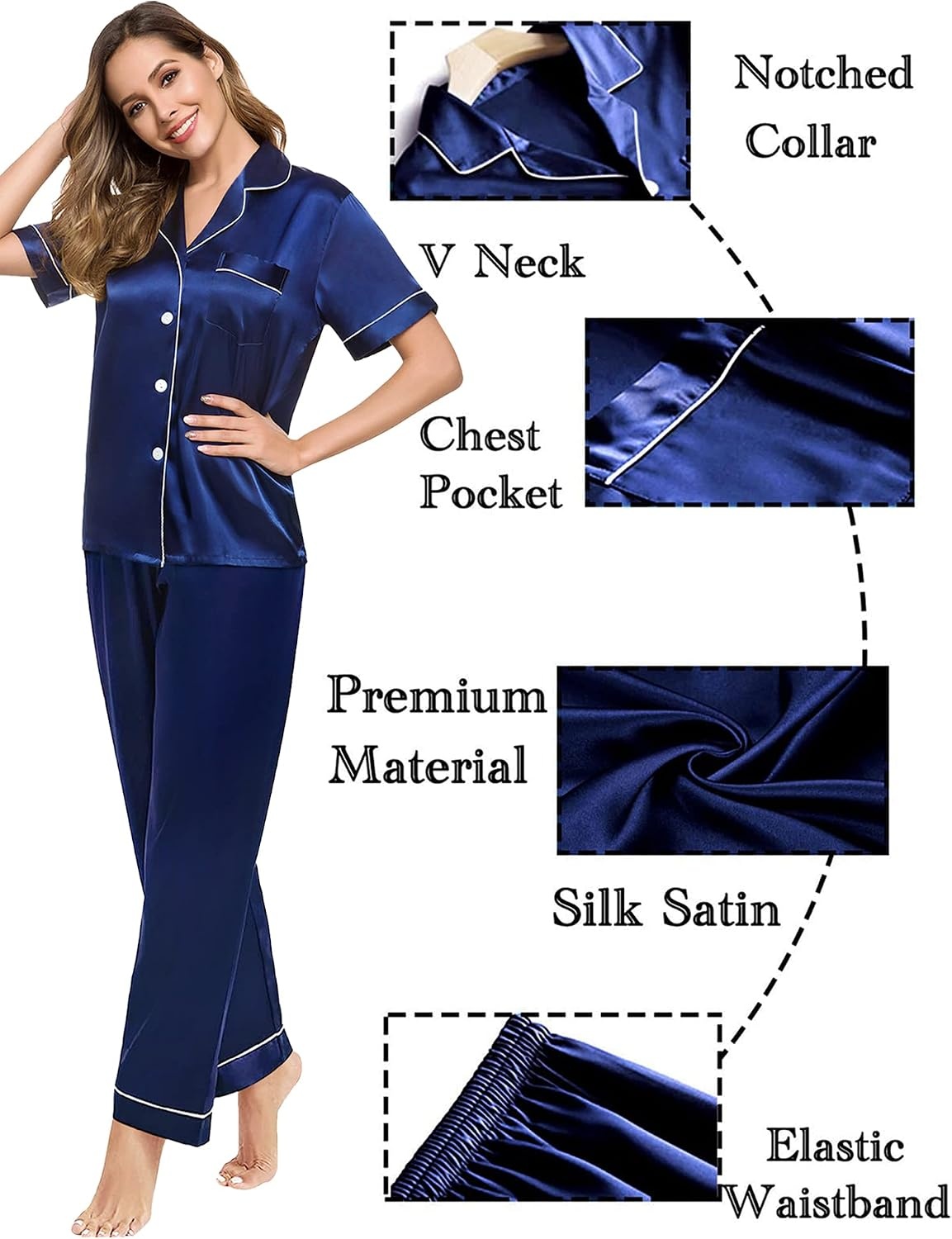 image:imageSWOMOG Couples Pajamas Sets Women amp Men Satin Short Sleeve Sleepwear Button Down Loungewear Pjs Sets with Long PantsNavy Blue