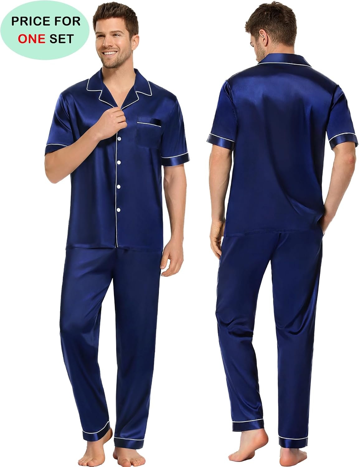 image:imageSWOMOG Couples Pajamas Sets Women amp Men Satin Short Sleeve Sleepwear Button Down Loungewear Pjs Sets with Long PantsNavy Blue