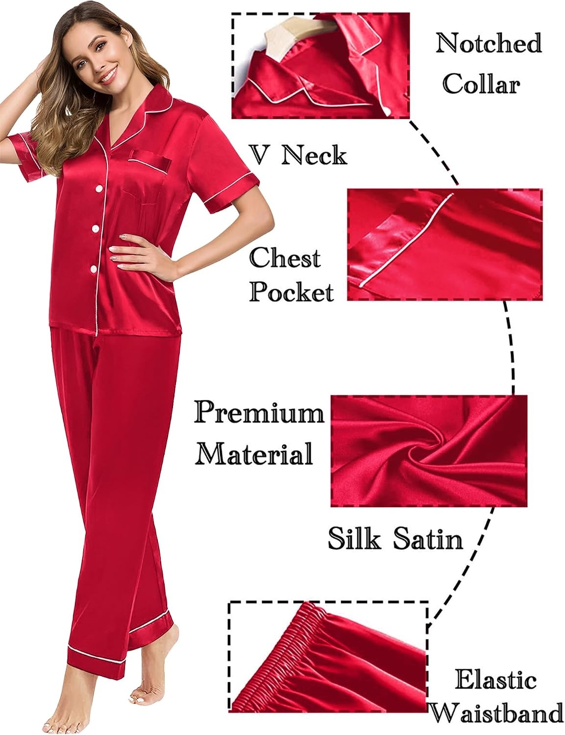image:imageSWOMOG Couples Pajamas Sets Women amp Men Satin Short Sleeve Sleepwear Button Down Loungewear Pjs Sets with Long PantsRed