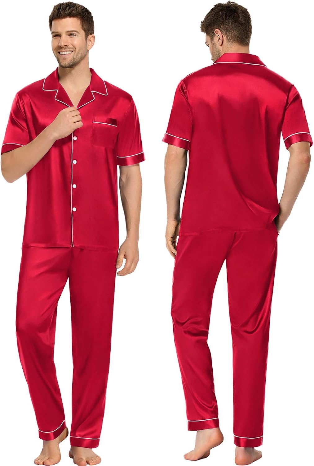 image:imageSWOMOG Couples Pajamas Sets Women amp Men Satin Short Sleeve Sleepwear Button Down Loungewear Pjs Sets with Long PantsRed