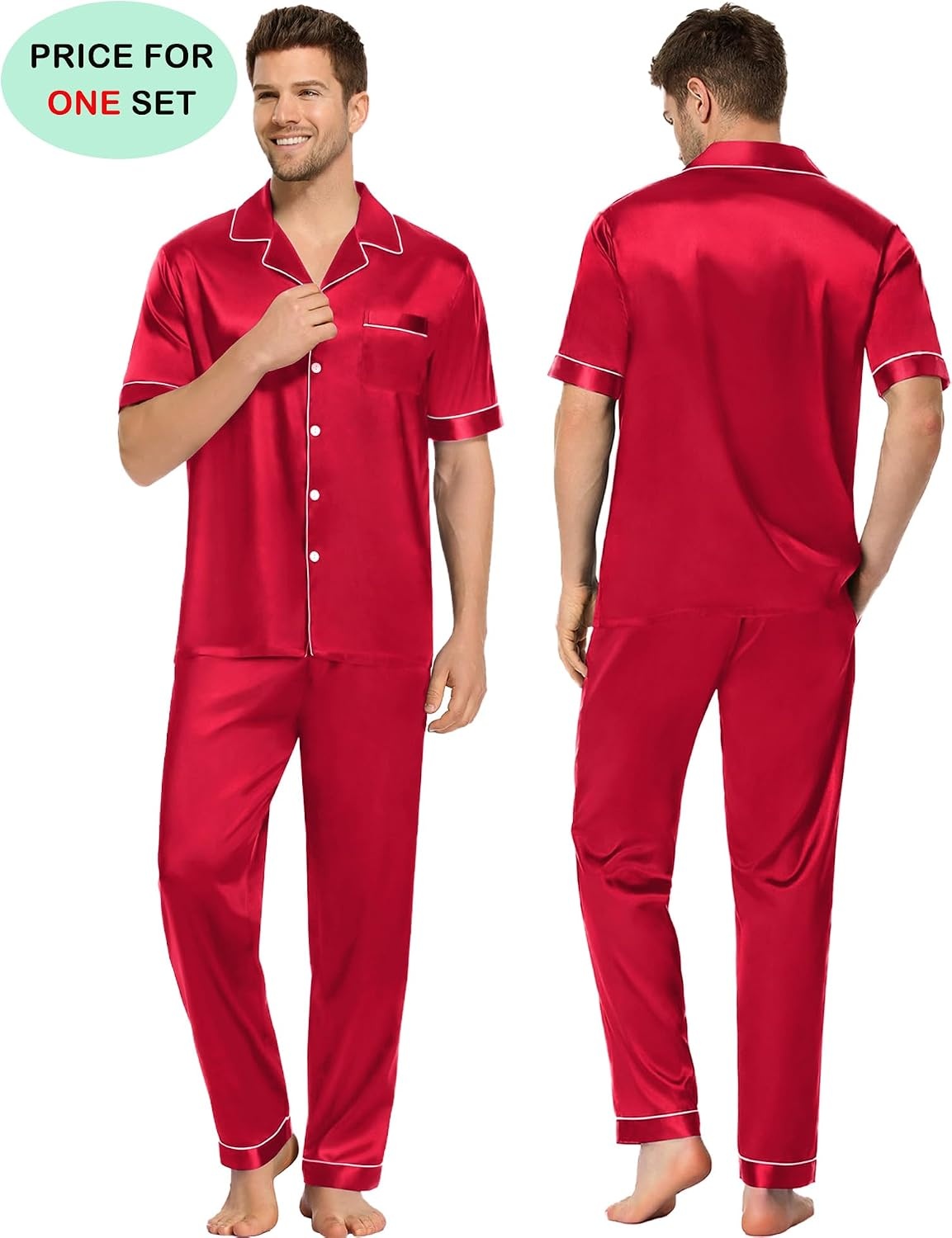 image:imageSWOMOG Couples Pajamas Sets Women amp Men Satin Short Sleeve Sleepwear Button Down Loungewear Pjs Sets with Long PantsRed