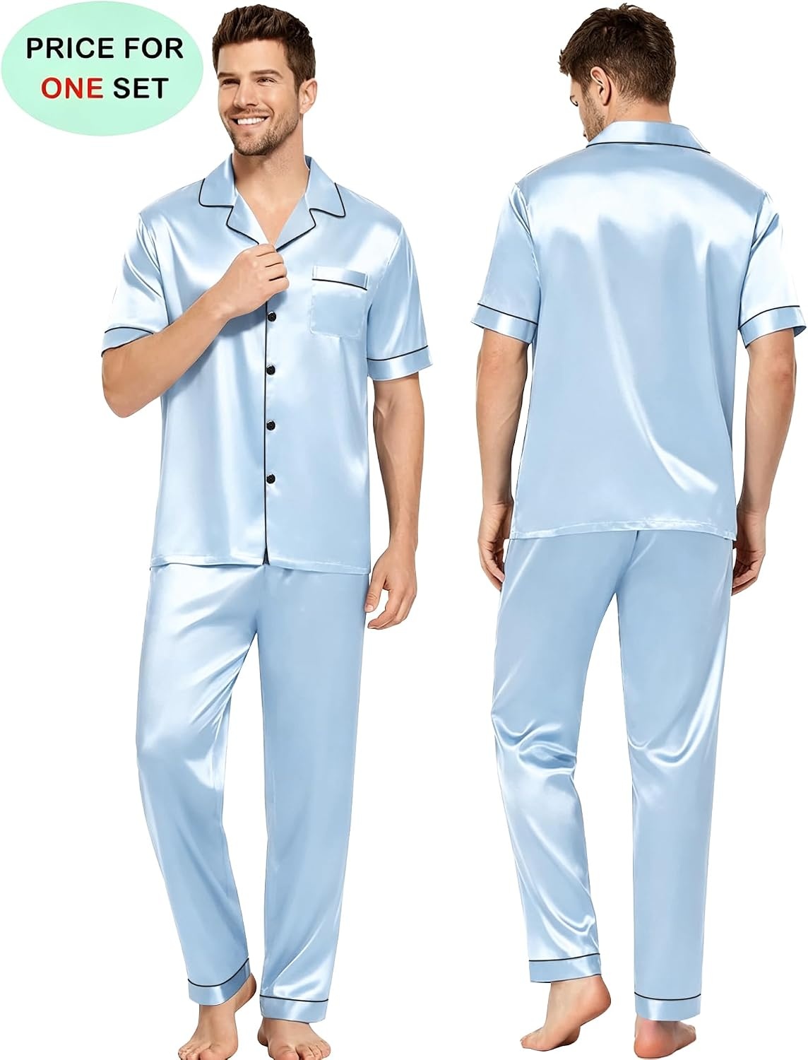 image:imageSWOMOG Couples Pajamas Sets Women amp Men Satin Short Sleeve Sleepwear Button Down Loungewear Pjs Sets with Long PantsSky Blue