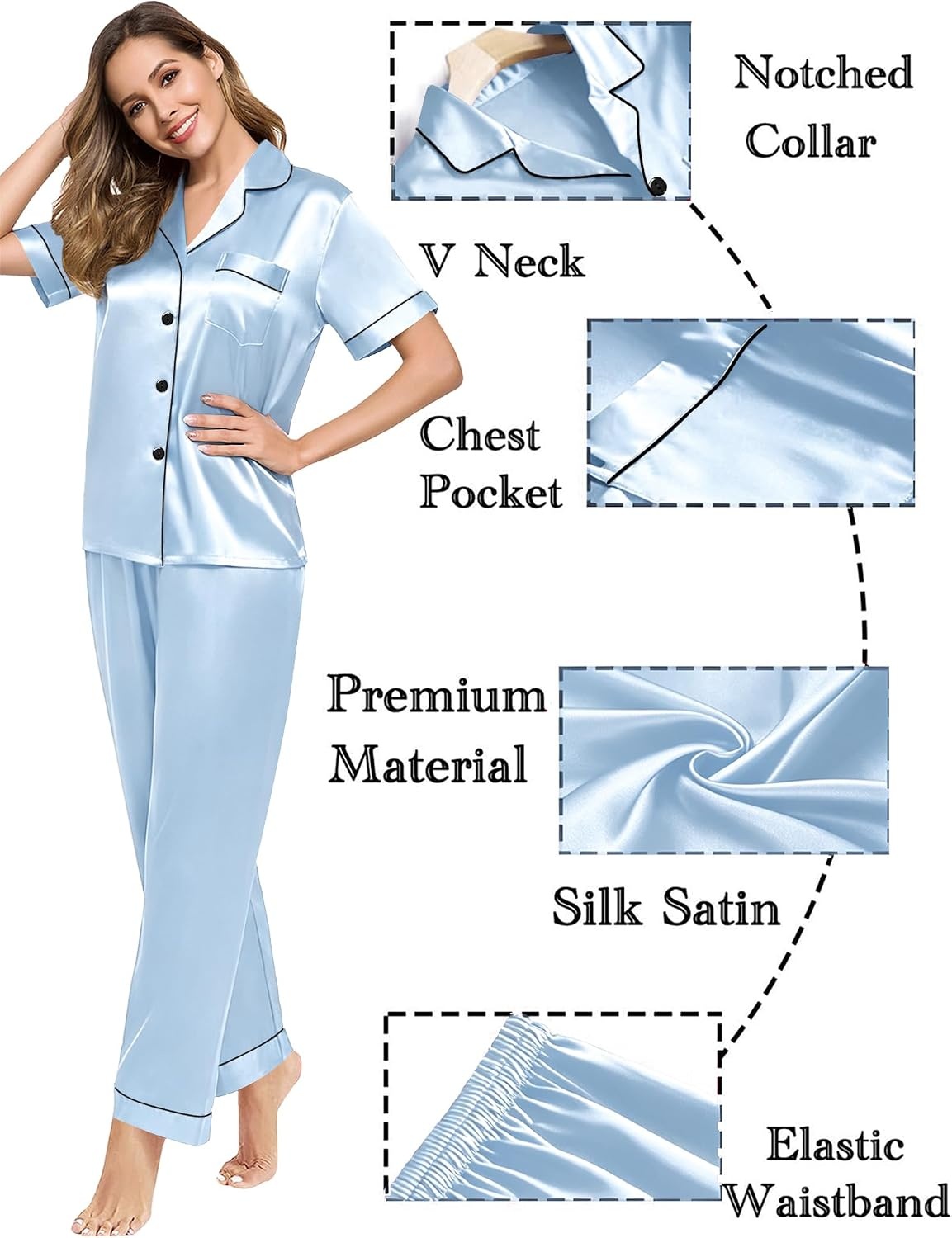 image:imageSWOMOG Couples Pajamas Sets Women amp Men Satin Short Sleeve Sleepwear Button Down Loungewear Pjs Sets with Long PantsSky Blue