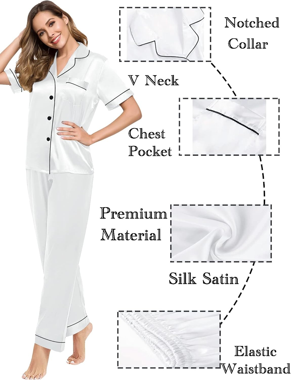 image:imageSWOMOG Couples Pajamas Sets Women amp Men Satin Short Sleeve Sleepwear Button Down Loungewear Pjs Sets with Long PantsWhite