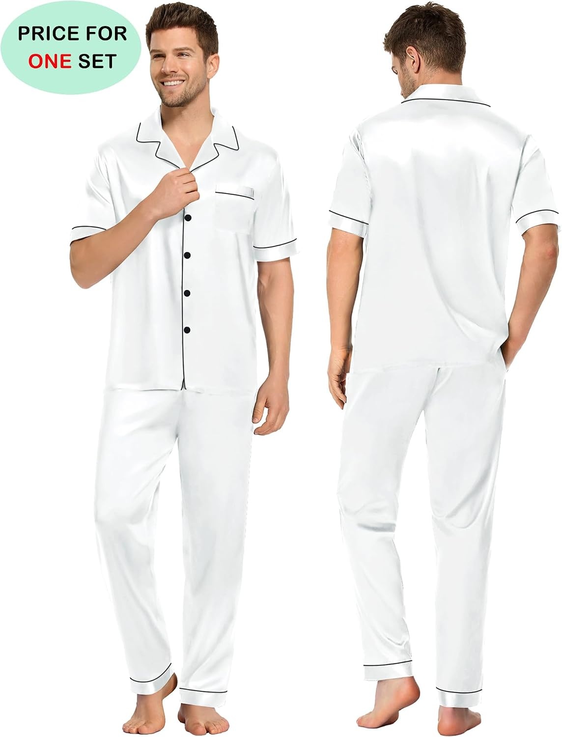 image:imageSWOMOG Couples Pajamas Sets Women amp Men Satin Short Sleeve Sleepwear Button Down Loungewear Pjs Sets with Long PantsWhite