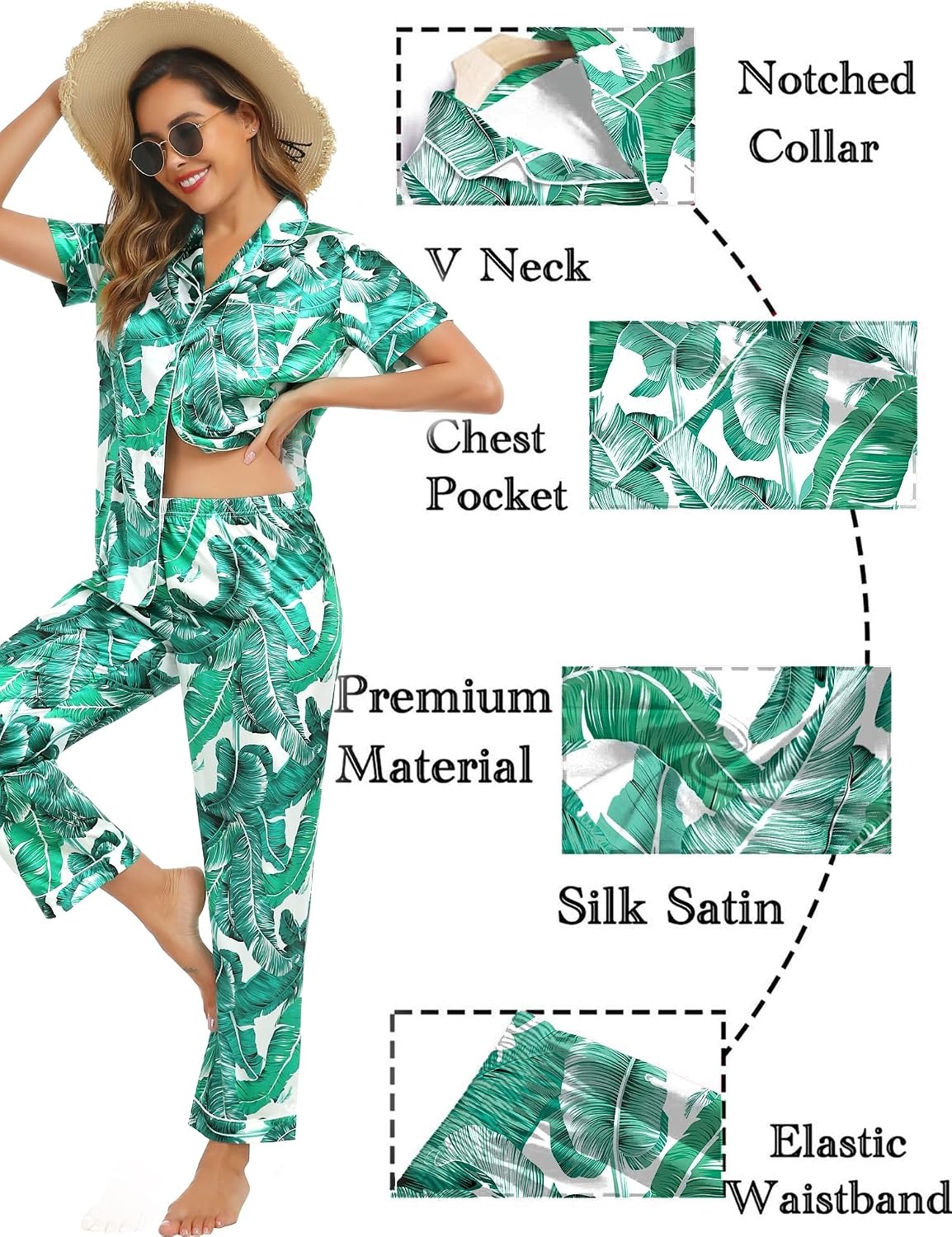 image:imageSWOMOG Couples Pajamas Sets Women amp Men Satin Short Sleeve Sleepwear Button Down Loungewear Pjs Sets with Long PantsWhite Leaves