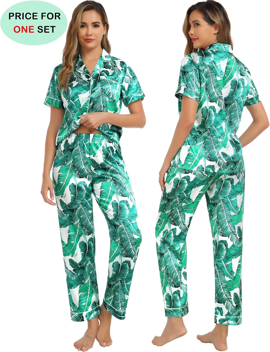 image:imageSWOMOG Couples Pajamas Sets Women amp Men Satin Short Sleeve Sleepwear Button Down Loungewear Pjs Sets with Long PantsWhite Leaves