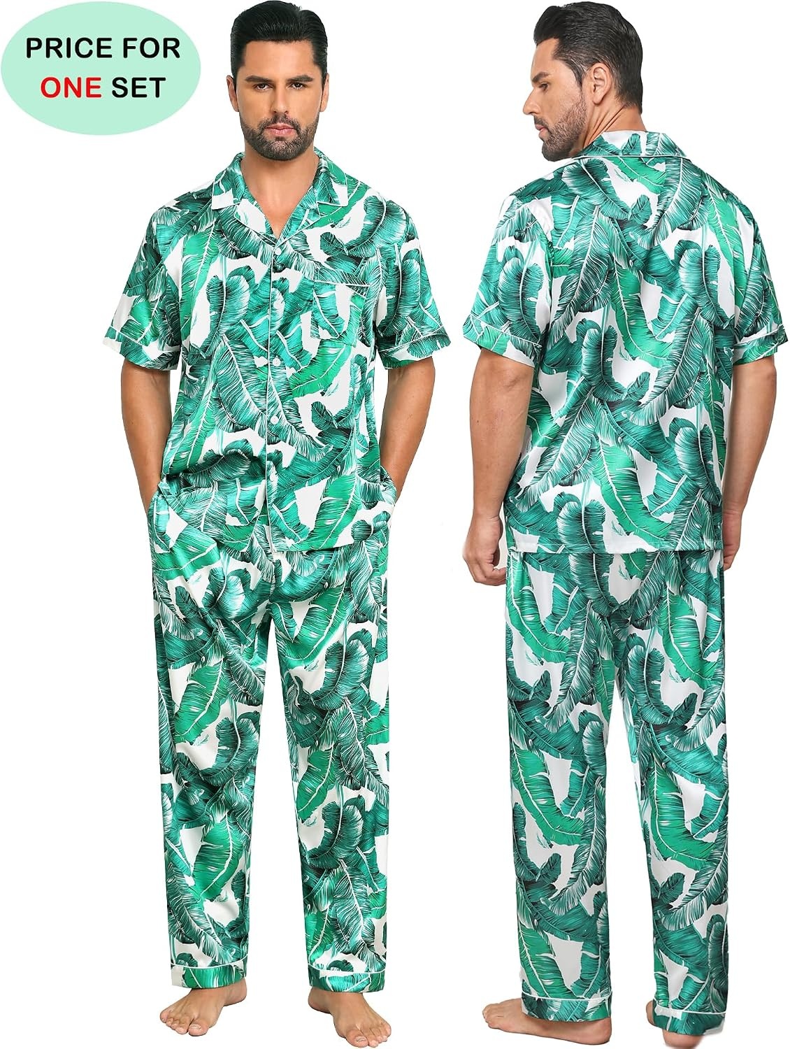 image:imageSWOMOG Couples Pajamas Sets Women amp Men Satin Short Sleeve Sleepwear Button Down Loungewear Pjs Sets with Long PantsWhite Leaves