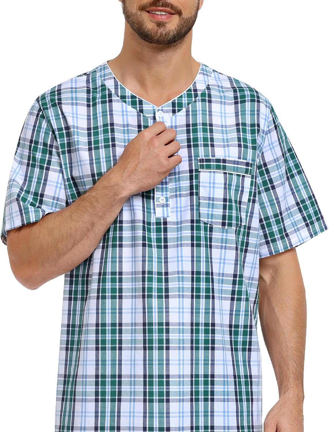 image:imageSWOMOG Mens Nightshirt 100 Cotton Short Sleeve Nightgown Button Down Sleep Shirt Comfy Nightwear Soft SleepwearGrey White Plaid