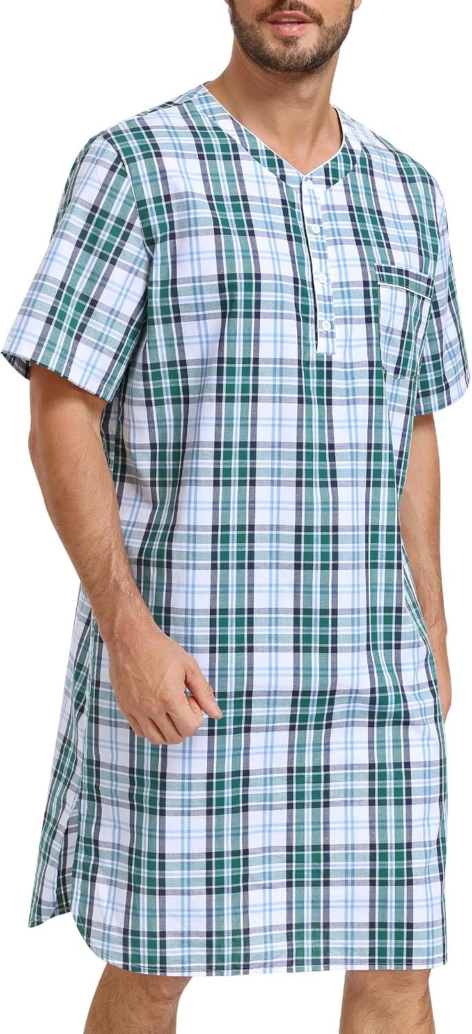 image:imageSWOMOG Mens Nightshirt 100 Cotton Short Sleeve Nightgown Button Down Sleep Shirt Comfy Nightwear Soft SleepwearGrey White Plaid