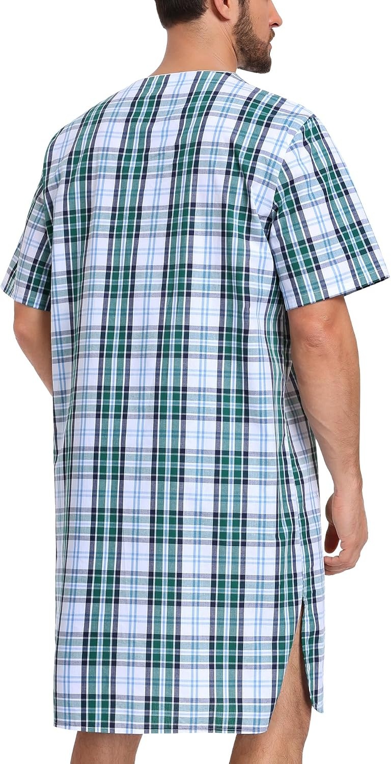 image:imageSWOMOG Mens Nightshirt 100 Cotton Short Sleeve Nightgown Button Down Sleep Shirt Comfy Nightwear Soft SleepwearGrey White Plaid
