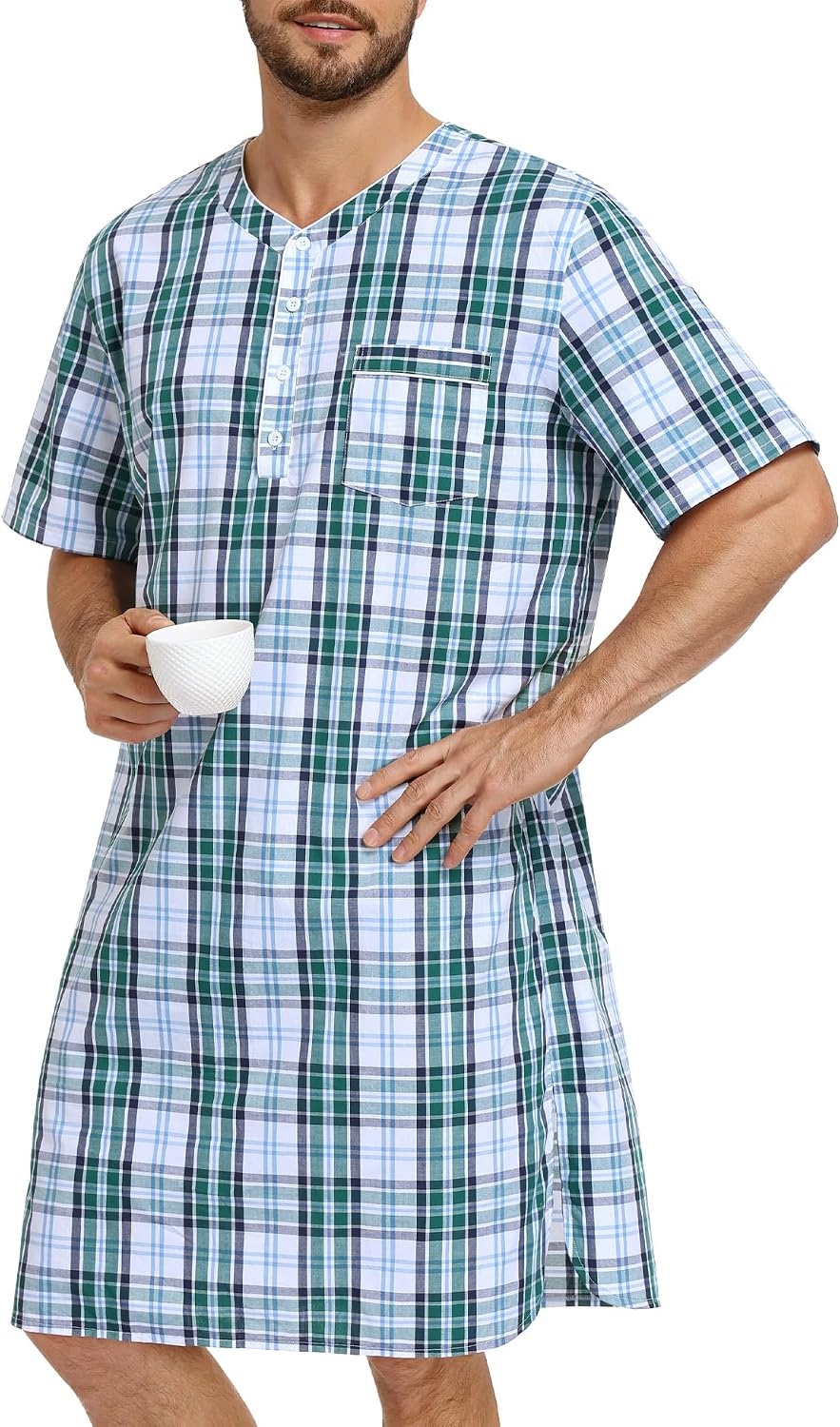 image:imageSWOMOG Mens Nightshirt 100 Cotton Short Sleeve Nightgown Button Down Sleep Shirt Comfy Nightwear Soft SleepwearGrey White Plaid
