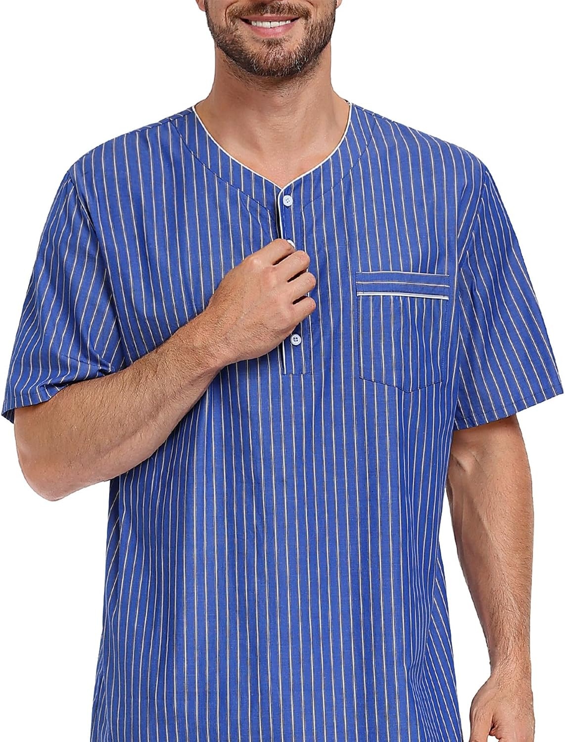 image:imageSWOMOG Mens Nightshirt 100 Cotton Short Sleeve Nightgown Button Down Sleep Shirt Comfy Nightwear Soft SleepwearLight Blue White Stripes