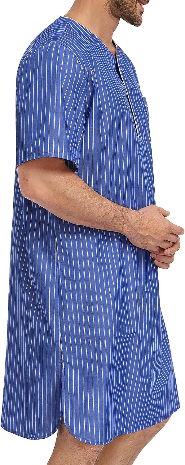 image:imageSWOMOG Mens Nightshirt 100 Cotton Short Sleeve Nightgown Button Down Sleep Shirt Comfy Nightwear Soft SleepwearLight Blue White Stripes