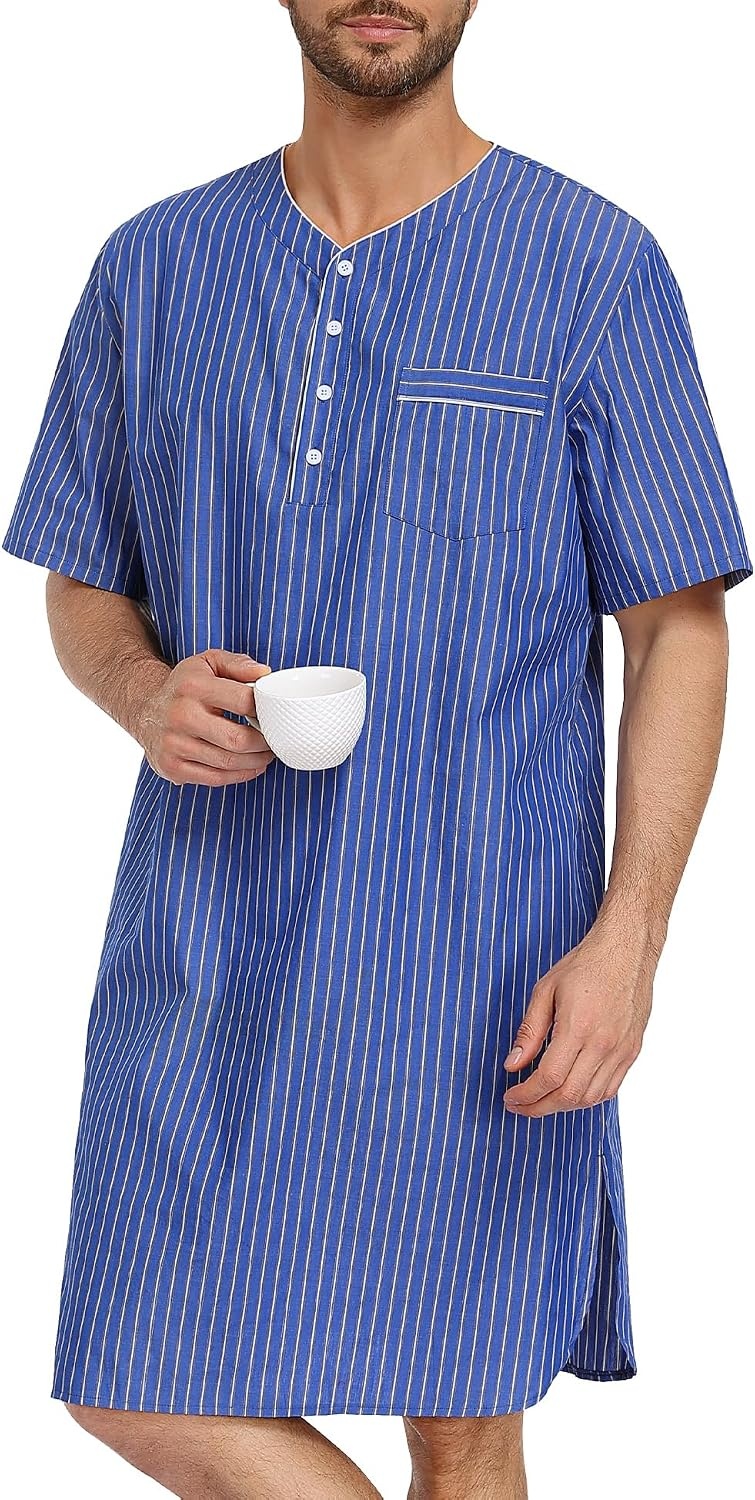 image:imageSWOMOG Mens Nightshirt 100 Cotton Short Sleeve Nightgown Button Down Sleep Shirt Comfy Nightwear Soft SleepwearLight Blue White Stripes