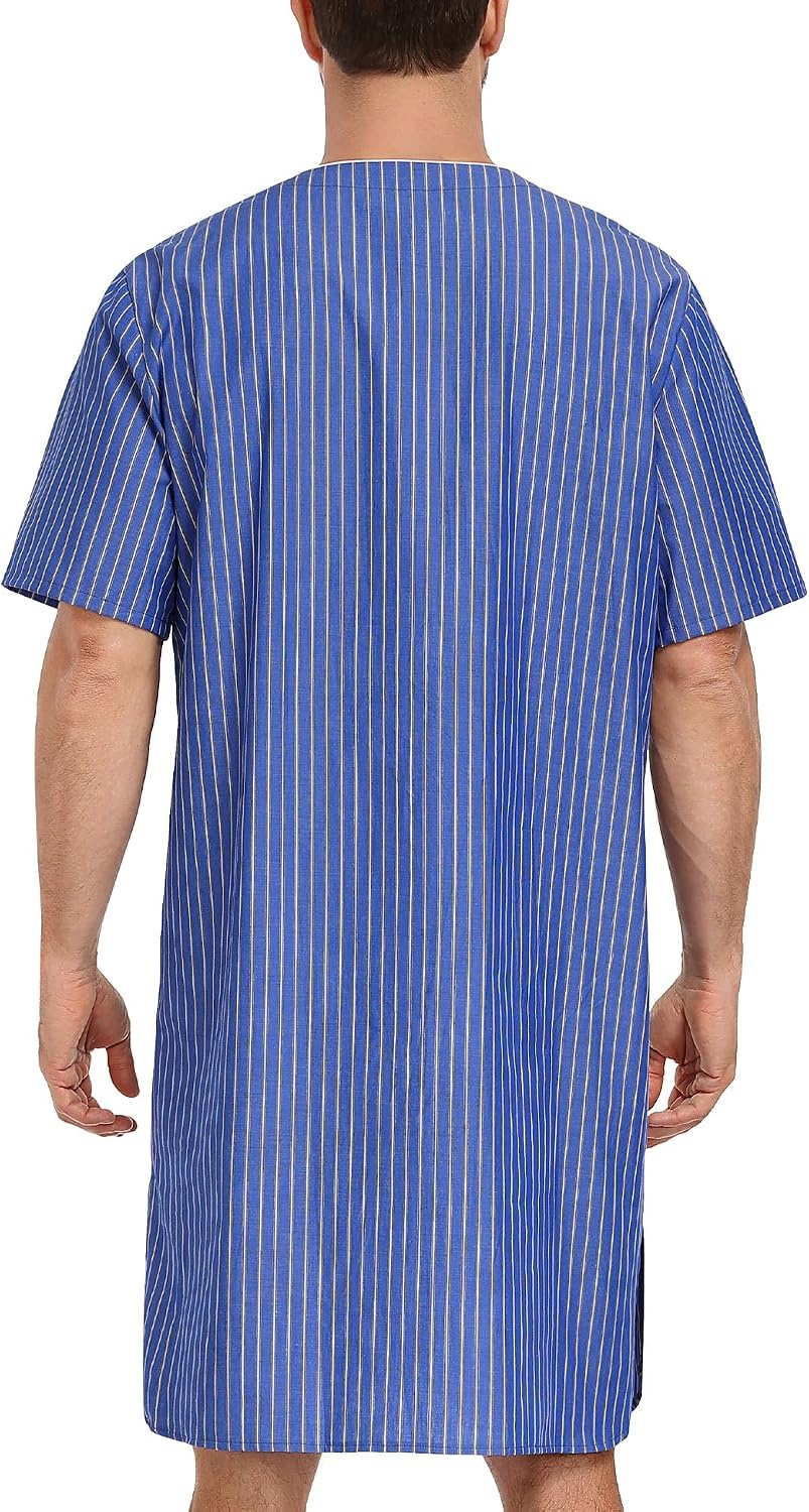 image:imageSWOMOG Mens Nightshirt 100 Cotton Short Sleeve Nightgown Button Down Sleep Shirt Comfy Nightwear Soft SleepwearLight Blue White Stripes