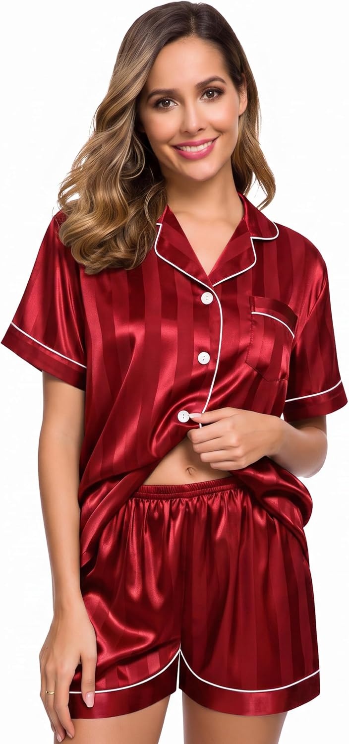 image:imageSWOMOG Womens Silk Satin Pajamas Set Short Sleeve Sleepwear Button Down Top and Shorts Loungewear 2 Piece Pjs Set XS3XLRed Striped