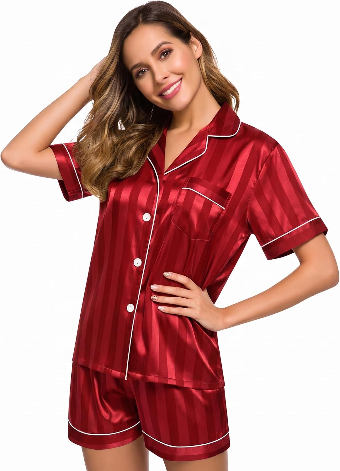 image:imageSWOMOG Womens Silk Satin Pajamas Set Short Sleeve Sleepwear Button Down Top and Shorts Loungewear 2 Piece Pjs Set XS3XLRed Striped