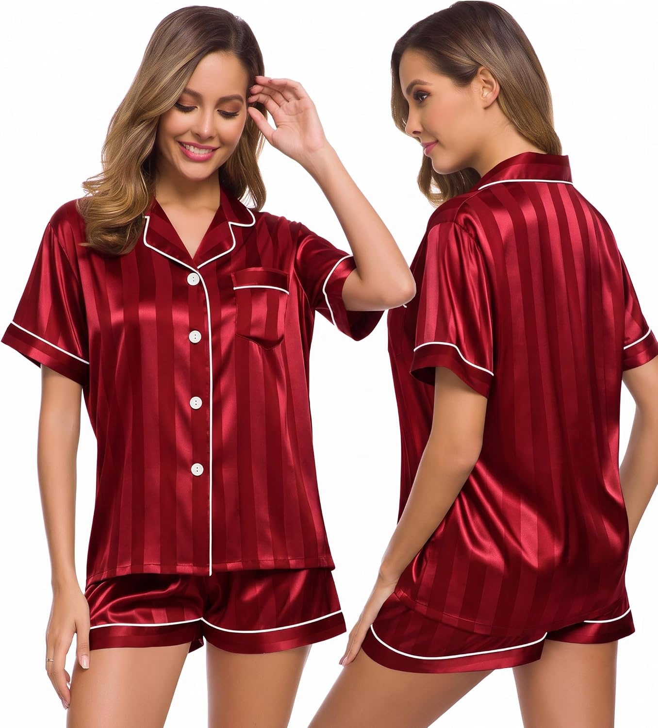 image:imageSWOMOG Womens Silk Satin Pajamas Set Short Sleeve Sleepwear Button Down Top and Shorts Loungewear 2 Piece Pjs Set XS3XLRed Striped