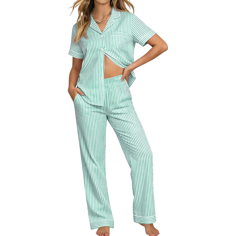 image:imageSWOMOG 100 Cotton Pajamas for Women Set 2PCS ButtonDown Lounge Pjs Short Sleeve Tops and LongPants with PocketSage Greenwhite Stripes