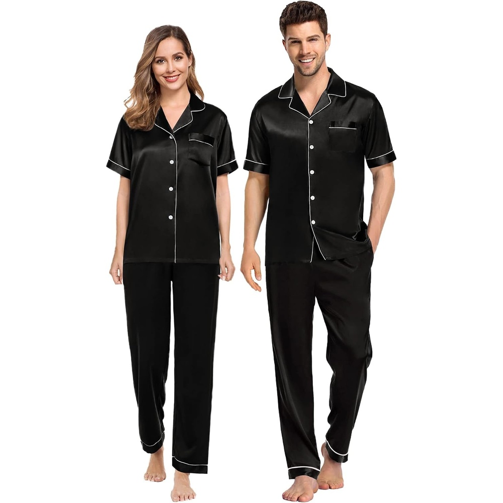 image:imageSWOMOG Couples Pajamas Sets Women amp Men Satin Short Sleeve Sleepwear Button Down Loungewear Pjs Sets with Long PantsBlack