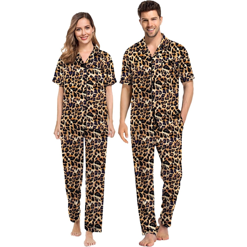 image:imageSWOMOG Couples Pajamas Sets Women amp Men Satin Short Sleeve Sleepwear Button Down Loungewear Pjs Sets with Long PantsLeopard Print
