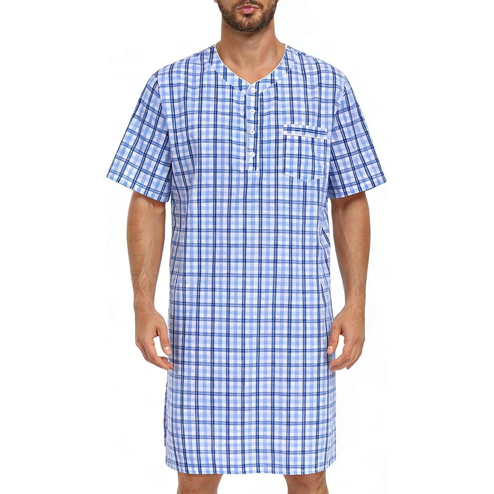 image:imageSWOMOG Mens Nightshirt 100 Cotton Short Sleeve Nightgown Button Down Sleep Shirt Comfy Nightwear Soft SleepwearBlue White Plaid