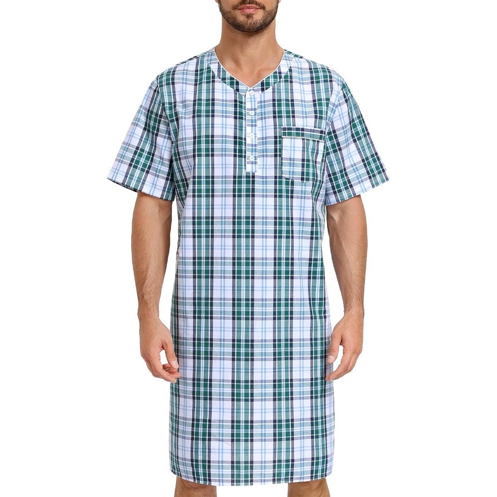 image:imageSWOMOG Mens Nightshirt 100 Cotton Short Sleeve Nightgown Button Down Sleep Shirt Comfy Nightwear Soft SleepwearGrey White Plaid